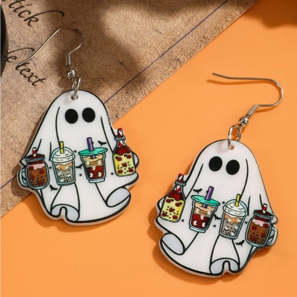 NWT Pumpkin Spice Latte Ghost Fall Autumn Earrings - Picture 2 of 4